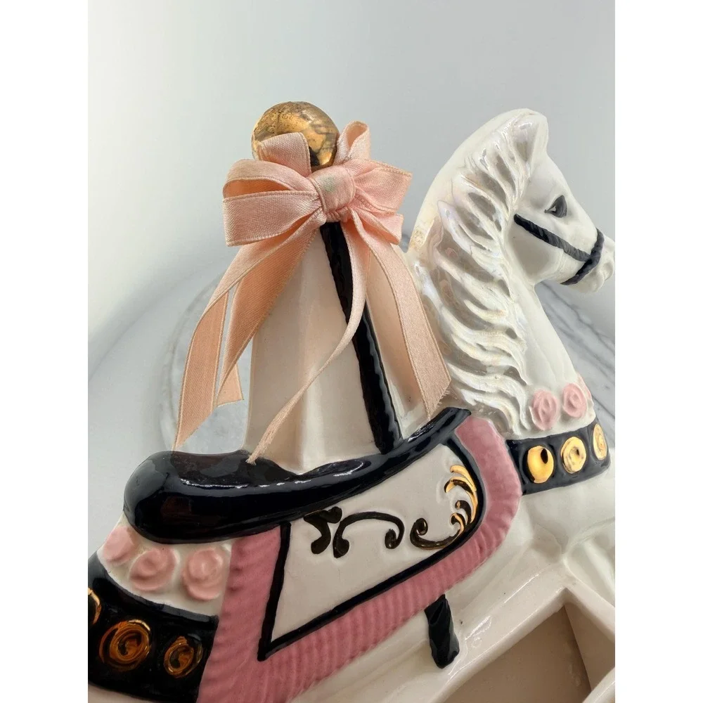 Vintage Ceramic Carousel Horse Calendar Iridescent Pink Gold Organizer Coquette